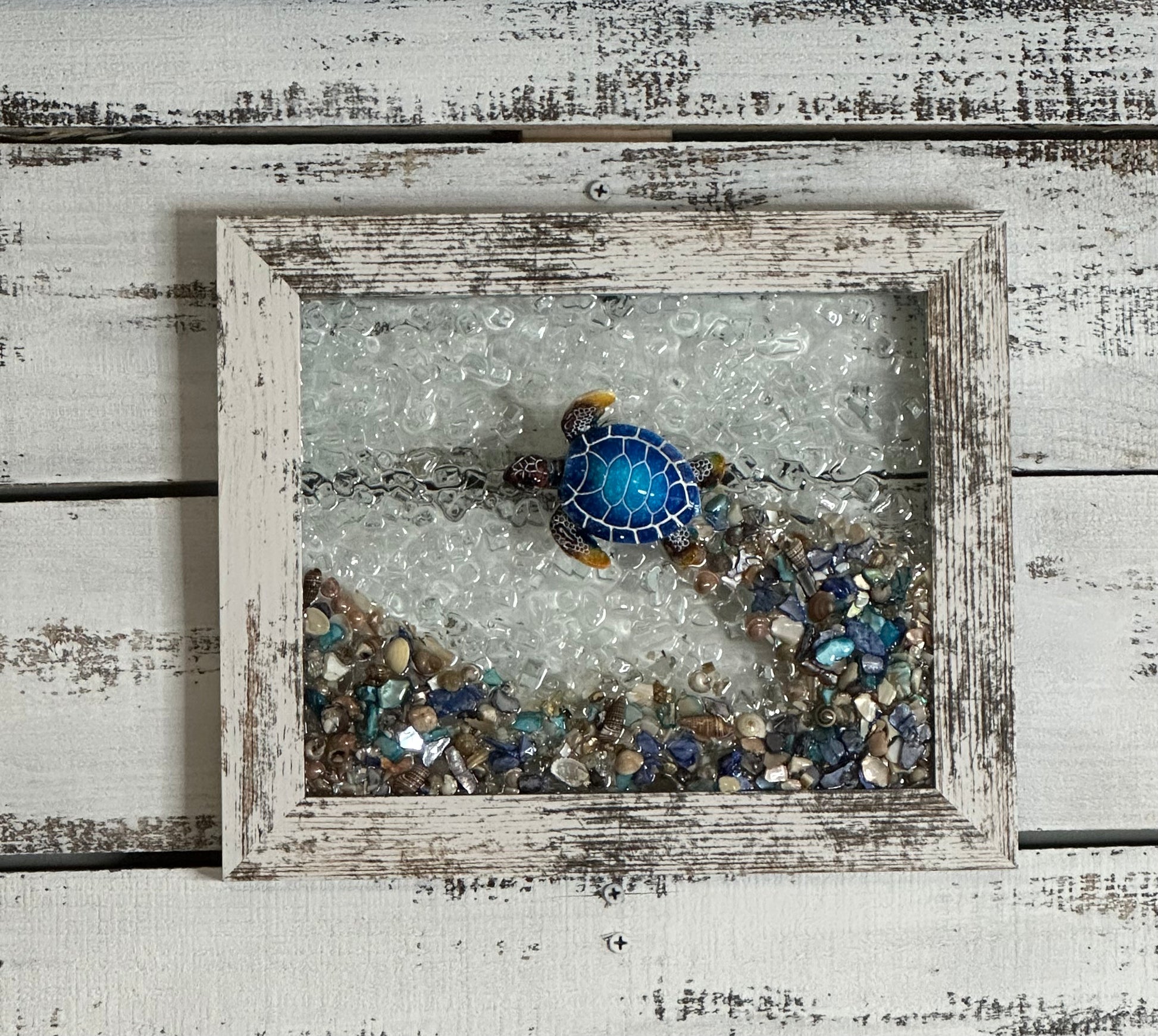 Blue Sea Turtle & Crushed Glass Wave , 8 X 10 Distressed White or White  Frame , Crushed Glass Art, Resin, Beach Wall Art Decor, Suncatcher 